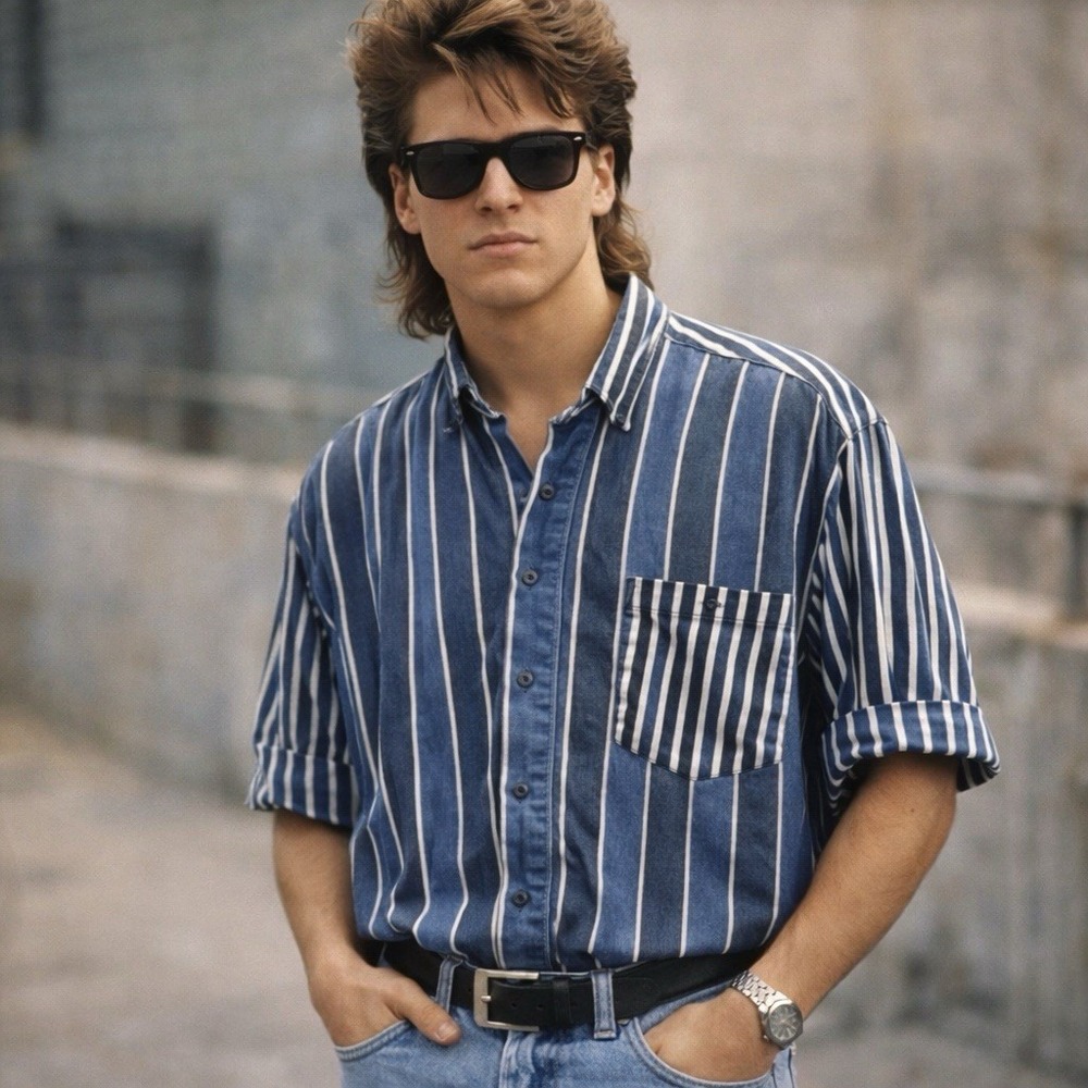 Vintage (80-90s) Blue denim Stripe Short sleeve Button Down (large) Antana
